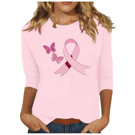 Kilaqueen 3/4 Length Sleeve Tops for Women Breast Cancer Awareness Shirts Cute Pink Ribbon Round Neck Casual Loose Lightweight Cancer Survivor Faith Inspirational T-Shirts