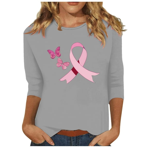 Kilaqueen 3/4 Length Sleeve Tops for Women Breast Cancer Awareness Shirts Cute Pink Ribbon Round Neck Casual Loose Lightweight Cancer Survivor Faith Inspirational T-Shirts