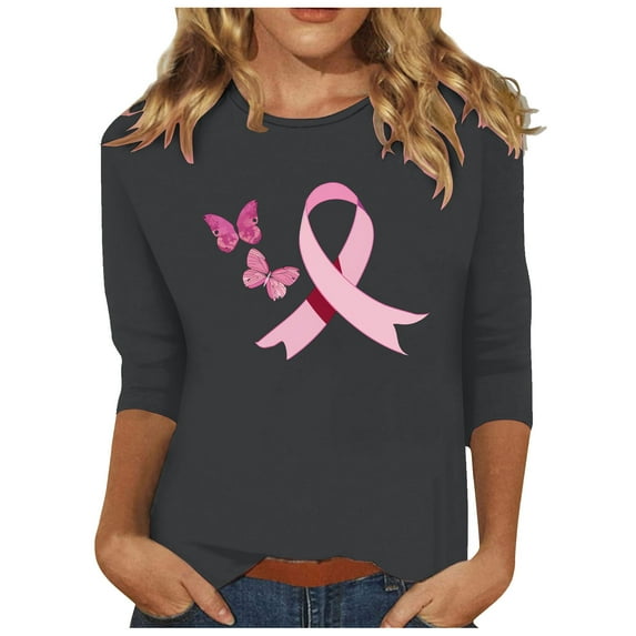 Kilaqueen 3/4 Length Sleeve Tops for Women Breast Cancer Awareness Shirts Cute Pink Ribbon Round Neck Casual Loose Lightweight Cancer Survivor Faith Inspirational T-Shirts