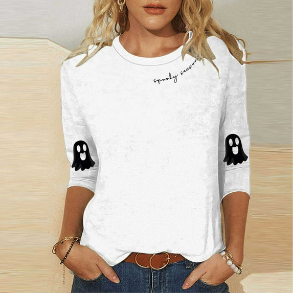 Kilaqueen 3/4 Length Sleeve Womens Tops Fall Cute Ghost Graphic Round Neck Shirts Loose Fit Casual Tees Halloween Funny Holiday Tops