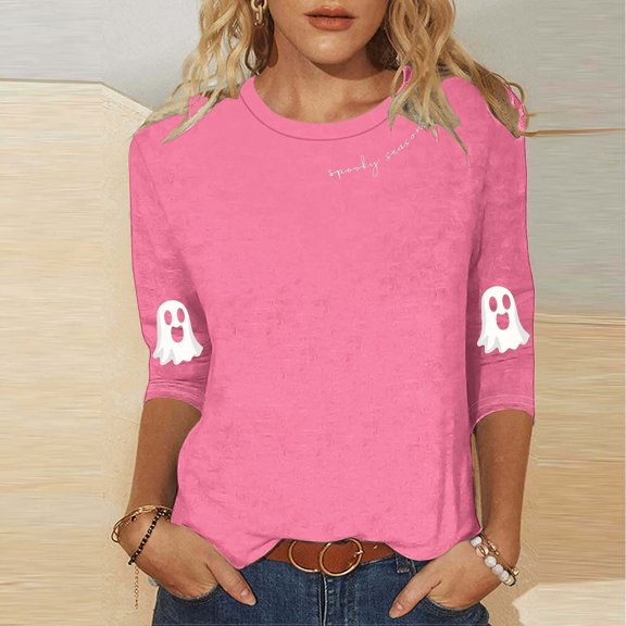 Kilaqueen 3/4 Length Sleeve Womens Tops Fall Cute Ghost Graphic Round Neck Shirts Loose Fit Casual Tees Halloween Funny Holiday Tops
