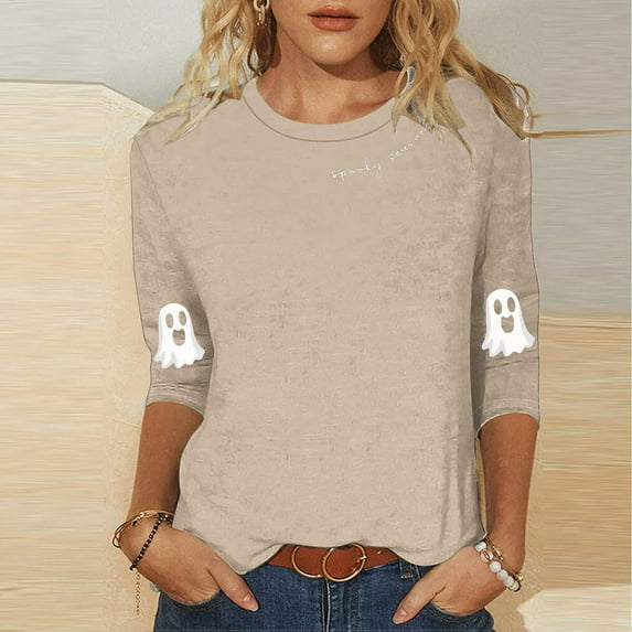 Kilaqueen 3/4 Length Sleeve Womens Tops Fall Cute Ghost Graphic Round Neck Shirts Loose Fit Casual Tees Halloween Funny Holiday Tops