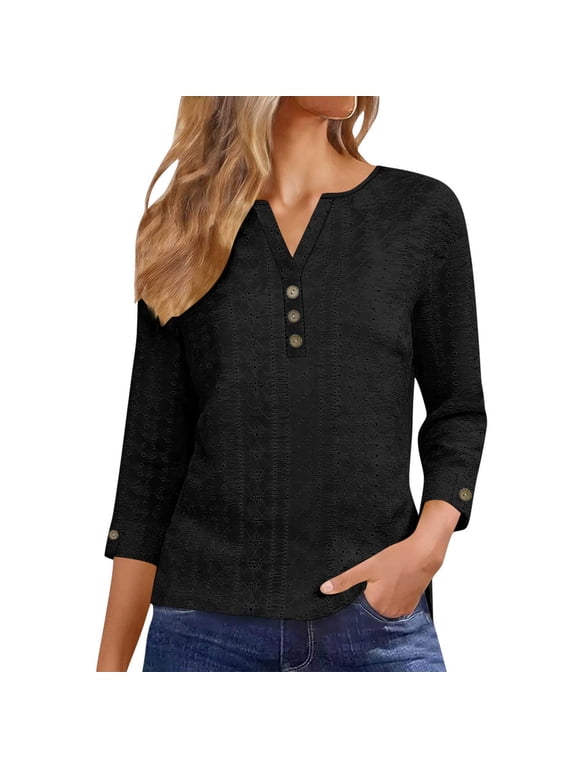 3/4 Length Sleeve Womens Tops Plus Size Dressy Casual Eyelet Shirts Buttons V Neck Summer Basic Tees Elegant Comfort Business Blouses