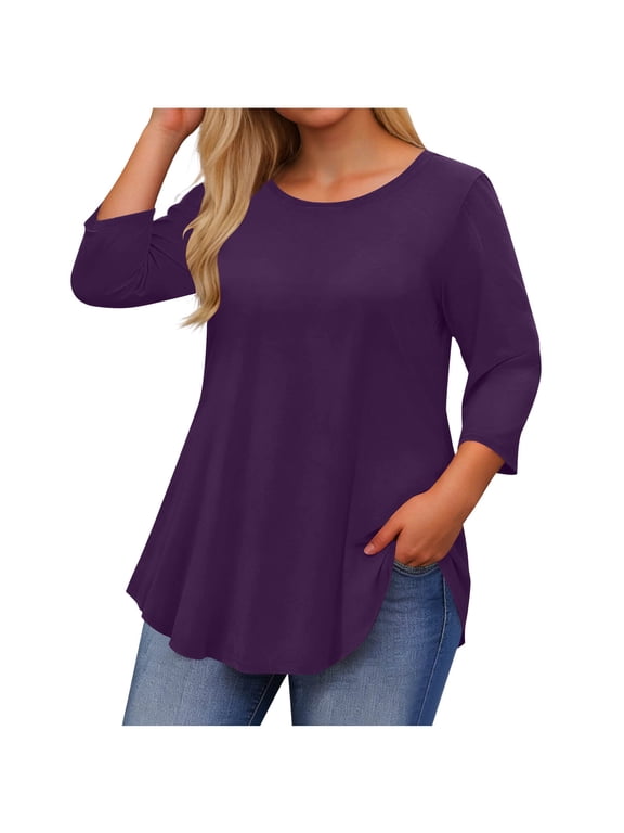 3/4 Length Sleeve Womens Tops Plus Size Loose Fit Swing Tunic Top Basic Dressy Casual Crew Neck T-Shirts to Wear with Leggings