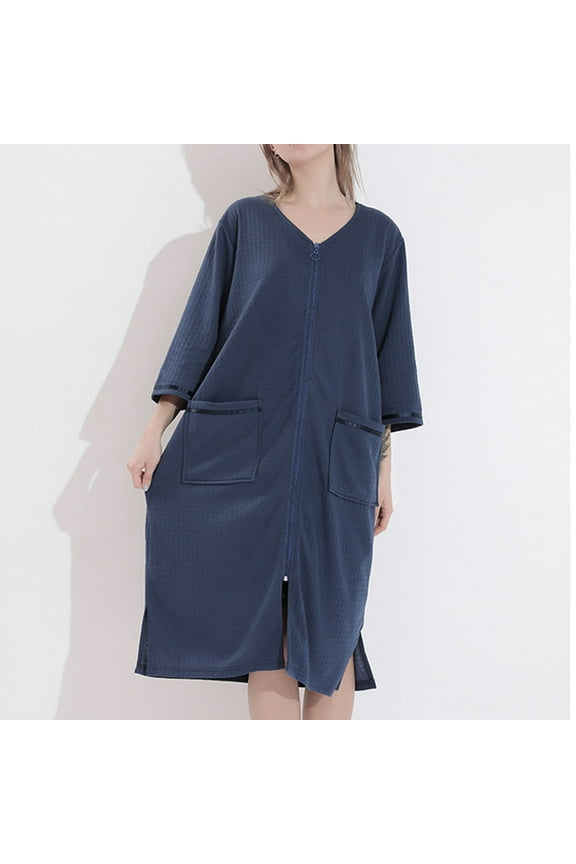 3/4 Sleeve Front Zip Bathrobe for Women Breathable V Neck Waffle-Knit Caftan Casual Loose Fall Duster Robes with Pockets, Lightweight Knee Length Housecoat Pajama Spa Bathrobe Loungewear