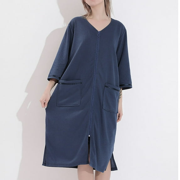 Kilaqueen 3/4 Sleeve Front Zip Bathrobe for Women Breathable V Neck Waffle-Knit Caftan Casual Loose Fall Duster Robes with Pockets, Lightweight Knee Length Housecoat Pajama Spa Bathrobe Loungewear
