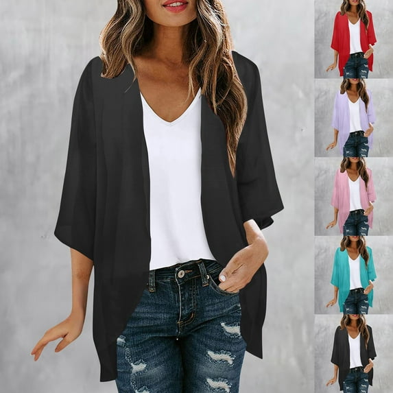 Kilaqueen 3/4 Sleeve Open Front Womens Cardigan, Casual Solid Color Lightweight Cardigans for Women Long Sleeve Summer Jacket Comfort Tunic Tops
