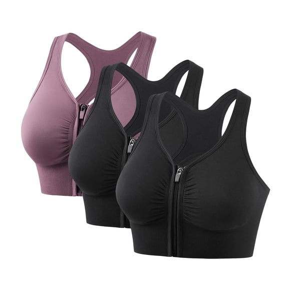 Kilaqueen 3 PC Zip Front Sports Bra for Women Medium Support Racerback Wireless Post-Surgery Bra Yoga Athletic Fitness Solid Color Bras