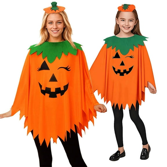 Kilaqueen 3 PCS Halloween Pumpkin Costume for Women/Girl, Glow in the Dark Pumpkin Poncho with Headband & Candy Bag, Adults/Kids Pumpkin Cape Halloween Outfit Family Matching Halloween Poncho Set