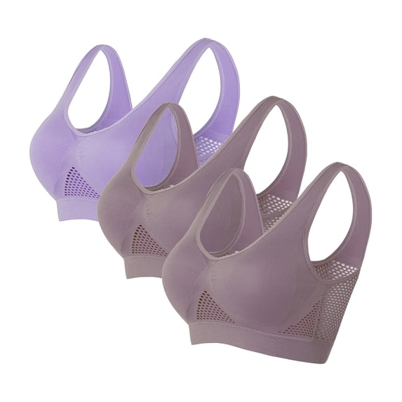 Kilaqueen 3 Pack Eyelet Sports Bras for Women Lightweight Lift up Seamless Bras Removable Pads T-Shirt Bras Moisture Wicking No Underwire Bras