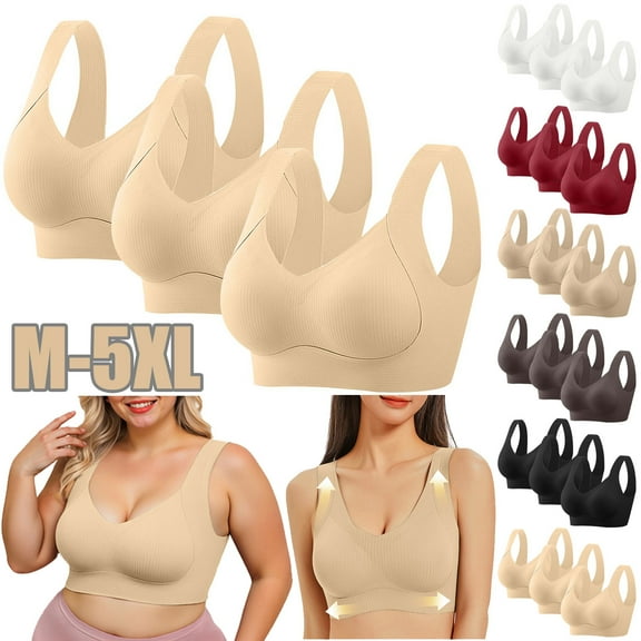 Kilaqueen 3pcs Ribbed Wireless Bras for Women Casual Oversized Workout Push Up Bra Full Coverage Sports Bra Adjustable Straps Breathable Everyday Bra