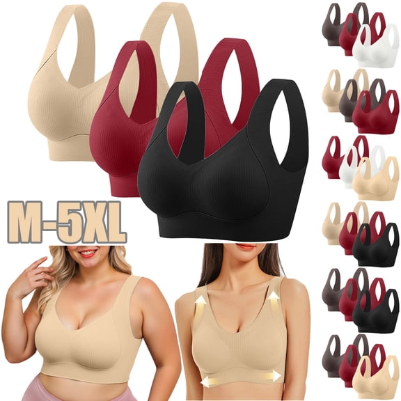 Kilaqueen 3pcs Ribbed Wireless Bras for Women Casual Oversized Workout Push Up Bra Full Coverage Sports Bra Adjustable Straps Breathable Everyday Bra