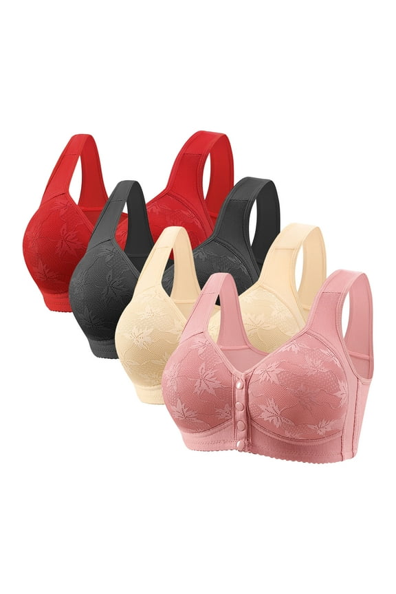 4 Pack Daisy Bras for Women No Underwire Convenient Front Closure Push Up Bralettes Plus Size Full Coverage Everyday Wear Bras Comfort Senior Wireless Snap Closing Bra Sleep Bras