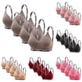 thumbnail image 1 of Kilaqueen 4 Pack Wireless Bras for Women Fashion Letter Printed Push Up Bras Stretchy Lightweight Supportive Bras V Neck Ribbed Everyday Bras, 1 of 3