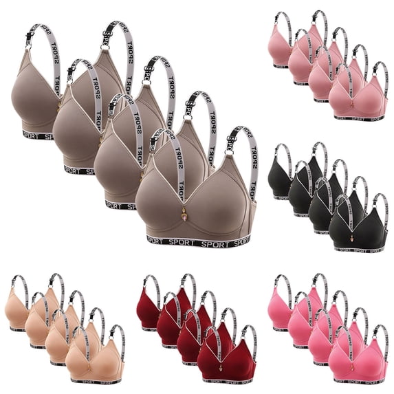 Kilaqueen 4 Pack Wireless Bras for Women Fashion Letter Printed Push Up Bras Stretchy Lightweight Supportive Bras V Neck Ribbed Everyday Bras