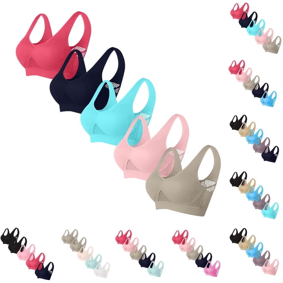 Kilaqueen 5pcs Seamless Bras for Women Oversized Breathable Eyelet Sports Bra No Underwire Pullover Bralette with Adjustable Straps Workout Everyday Bra