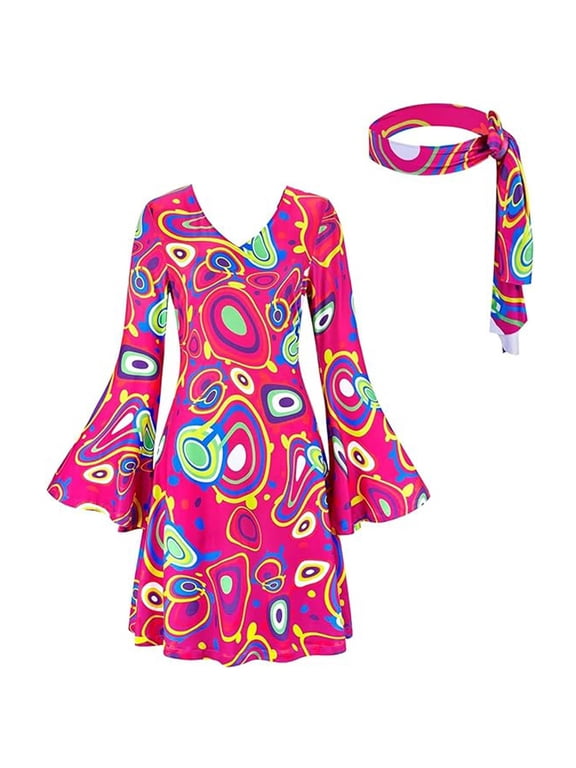 60s 70s Disco Dresses for Women Fashion Print Long Sleeve V Neck Dress with Headscarf Psychedelic Hippie Costume Set for Party Cosplay