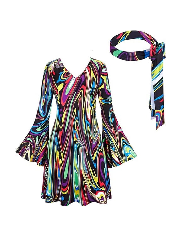 60s 70s Disco Dresses for Women Fashion Print Long Sleeve V Neck Dress with Headscarf Psychedelic Hippie Costume Set for Party Cosplay