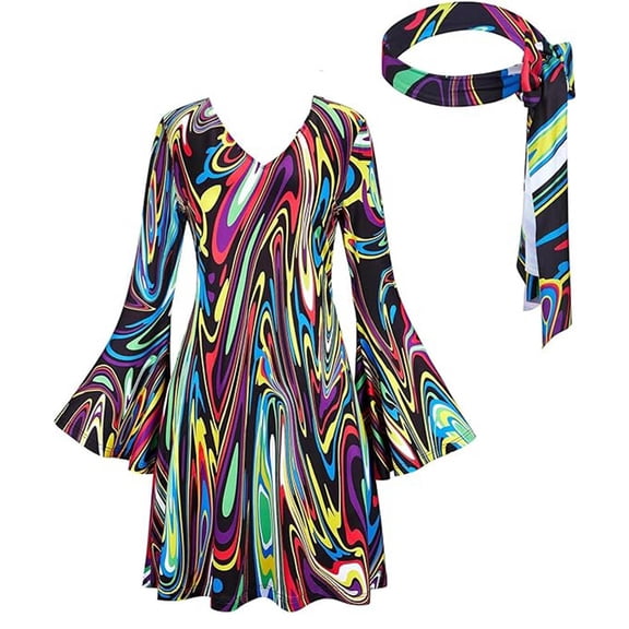 Kilaqueen 60s 70s Disco Dresses for Women Fashion Print Long Sleeve V Neck Dress with Headscarf Psychedelic Hippie Costume Set for Party Cosplay