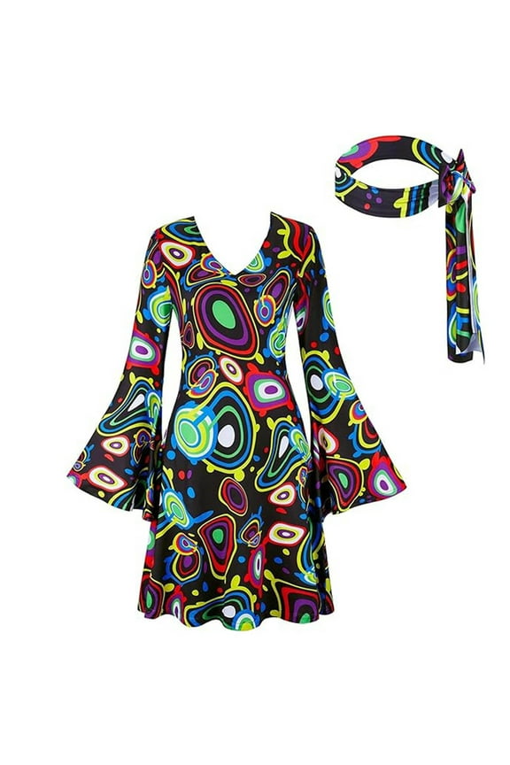 60s 70s Disco Dresses for Women Fashion Print Long Sleeve V Neck Dress with Headscarf Psychedelic Hippie Costume Set for Party Cosplay