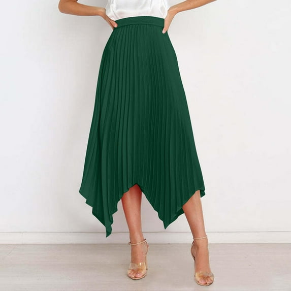 Kilaqueen Asymmetrical Skirt for Women High Waisted Pleated Swing Long Skirt Irregular Handkerchief Hem A Line Fashion Casual Skirt