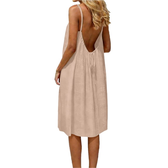 Kilaqueen Backless Mini Cami Dresses Sleeveless Open Back Lounge Dress Flowy Summer Beach Vacation Sundress Solid Color Knee Length House Lounge Dresses with Back Tie