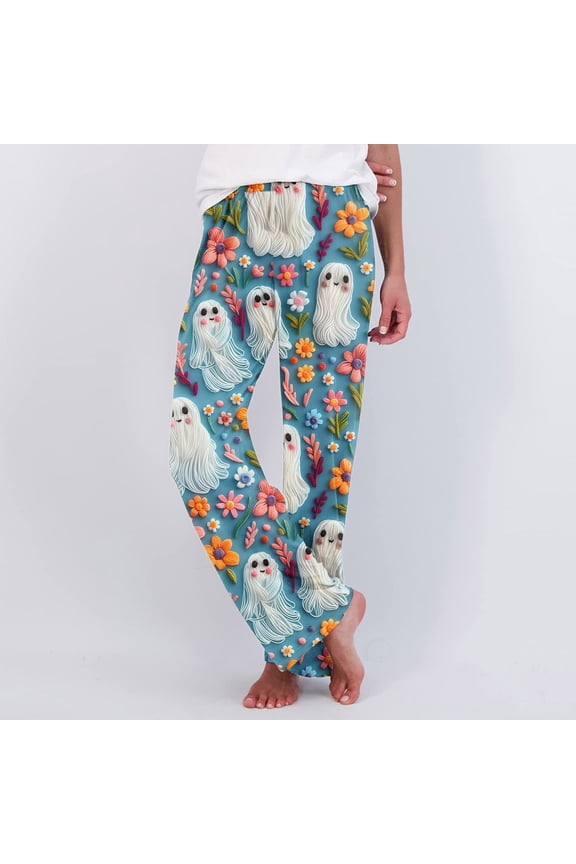 Baggy Bottoms for Women Cute Ghost Graphic Pajama Pants Soft Lounge Pants Comfy Elastic Waist Sleepwear Long PJs Sleep Pants Sleepwear