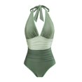 thumbnail image 1 of Kilaqueen Bathing Suit for Women Color Block Patchwork Halter V Neck Tummy Control One Piece Swimsuit Fashion Pleated Slim Fit Summer Swimwears, 1 of 9