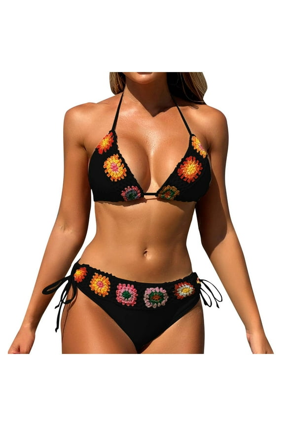 Bathing Suit for Women Halter Off-Shoulder Print Triangle Backless Top with Tie Side String Cheeky Bathing Suits