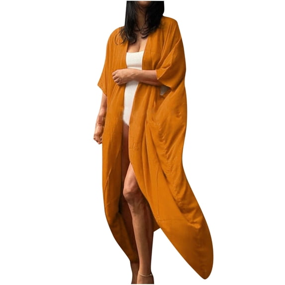 Kilaqueen Beach Cover Ups for Women Open Front Lacing Solid Color Half Sleeve Cardigan Casual Bikini Swimwear Coverup