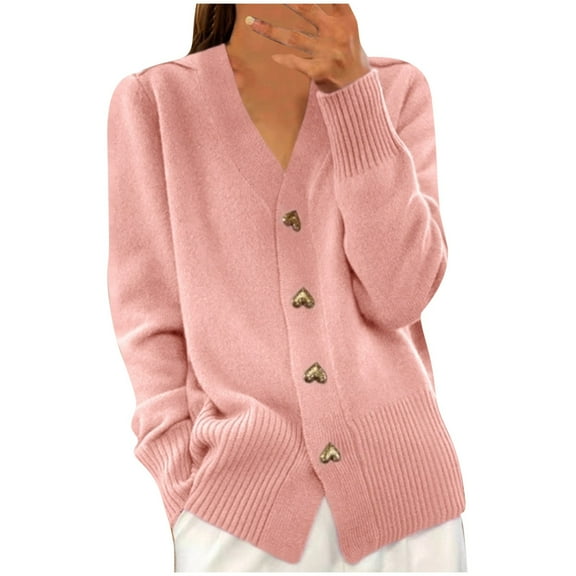 Kilaqueen Best Cardigans for Women Heart Buttons Soft Long Sleeve V-Neck Knit Cardigan Cozy Fall Winter for Office Casual Outfits