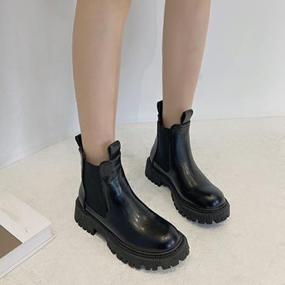 Kilaqueen Black Booties for Women Ankle Boot Fall Winter Casual Wide Calf Mid Calf Boots Fashion Lug Sole Slip On Round Toe Chunky Heel Boots with Elastic Band