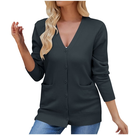 Kilaqueen Black Cardigan for Women Long Sleeve V-Neck Button Down Knit Cardigan Sweater Soft Basic Lightweight Cardigan