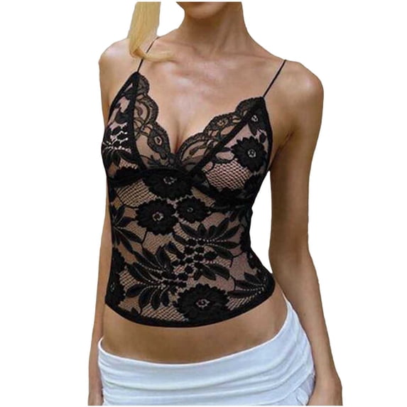 Kilaqueen Black Lace Camisole Tops for Women Sexy Spaghetti Strap V-Neck Sheer Mesh Floral Lace Y2K Tank Tops See Through Cami Tops Clubwear
