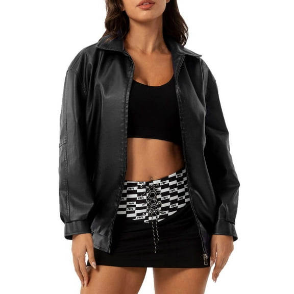 Kilaqueen Black Leather Jacket Lapel Full Zip Long Sleeve Solid Color Leather Jacket Trendy Casual Comfy 2025 Classic Fit Jacket