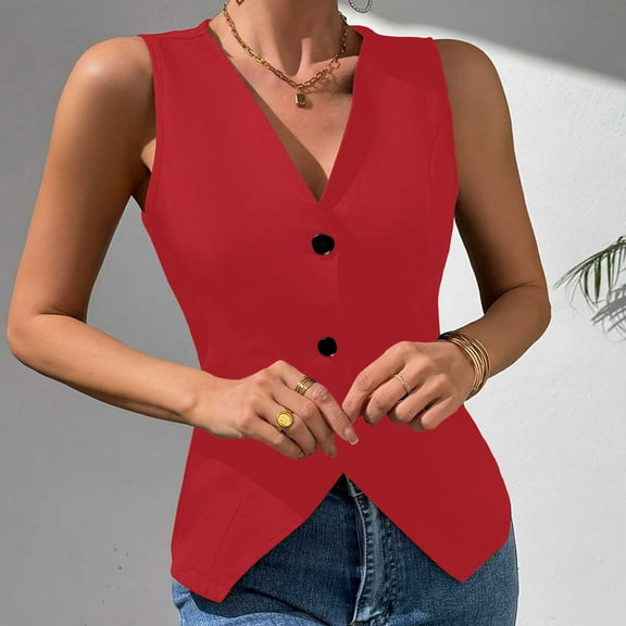 Kilaqueen Blazer Vest for Women Summer Trendy Sleeveless V Neck Single Breasted Button Up Waistcoat Formal Business Casual Slim Fit Work Suit Tops