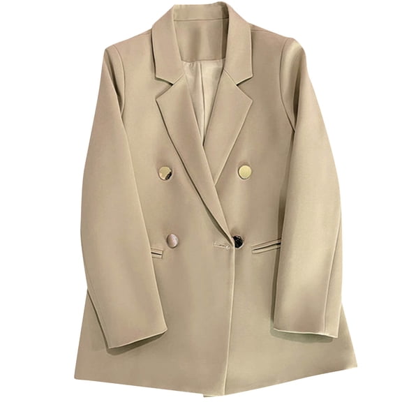 Kilaqueen Blazers for Women Double-Breasted Notch Lapel Long Sleeve Suit Jacket Solid Color Work Business Trendy Office Boyfriend Blazer with Pockets