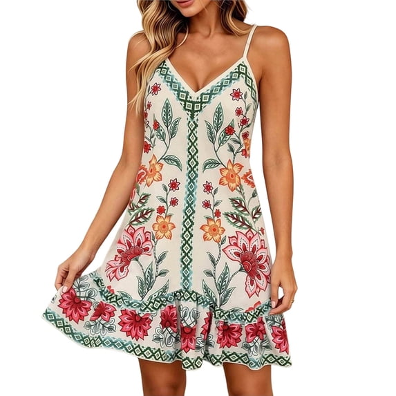 Kilaqueen Boho Floral Sundress for Women, Spaghetti Strap V Neck Fit and Flare Summer Mini Dress for Beach Vacation Resort Party Brunch and Casual Wear