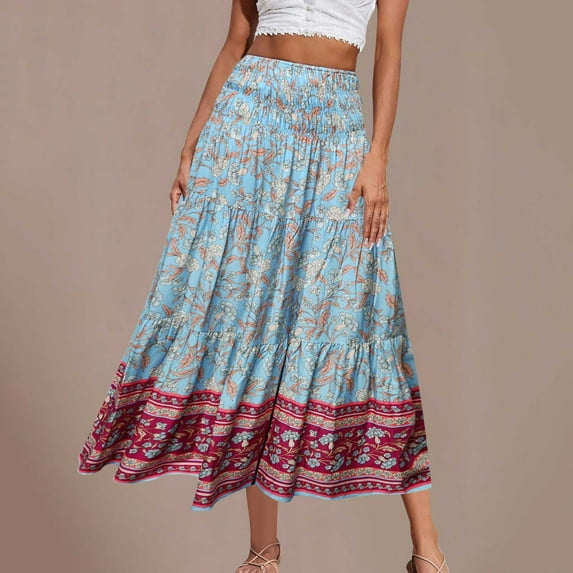 Kilaqueen Boho Maxi Skirts for Women Summer High Waisted Floral Printed Flowy Swing A-Line Ruffle Long Beach Skirt