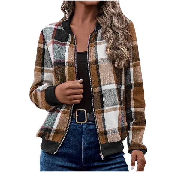 Kilaqueen Bomber Jacket Women Plaid Lightweight Zip Up Shackets Trendy Casual Varsity Jackets Outerwear Checkered Coats