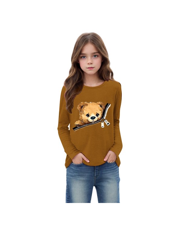 Boys Girls Long Sleeve Shirt Crew Neck Solid Color Cute Bear-Print Pullover Tops Casual Trendy Ultra Soft Base Layer Undershirt