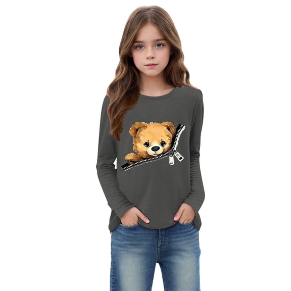 Kilaqueen Boys Girls Long Sleeve Shirt Crew Neck Solid Color Cute Bear-Print Pullover Tops Casual Trendy Ultra Soft Base Layer Undershirt