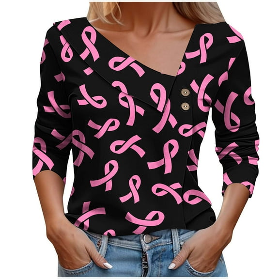 Kilaqueen Breast Cancer Awareness Shirts for Women Long Sleeve Oblique Collar V Neck Pink Ribbon Print October Tops for Going Out