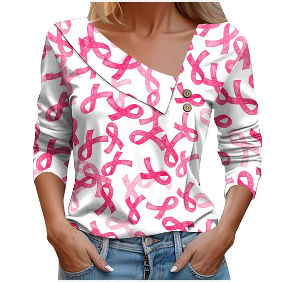 Kilaqueen Breast Cancer Awareness Shirts for Women Long Sleeve Oblique Collar V Neck Pink Ribbon Print October Tops for Going Out
