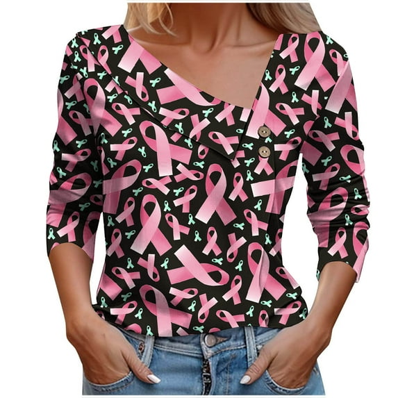 Kilaqueen Breast Cancer Awareness Shirts for Women Long Sleeve Oblique Collar V Neck Pink Ribbon Print October Tops for Going Out