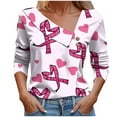 thumbnail image 1 of Kilaqueen Breast Cancer Awareness Shirts for Women Long Sleeve Oblique Collar V Neck Pink Ribbon Print October Tops for Going Out, 1 of 5