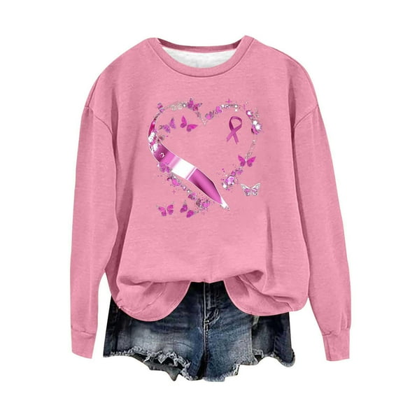 Kilaqueen Breast Cancer Awareness Sweatshirt Women Crewneck Long Sleeve Pink Ribbon Graphic Print Tee Shirts Plus Size Casual Loose Fit Inspirational Pullover Tops