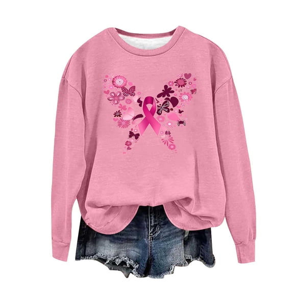 Kilaqueen Breast Cancer Awareness Sweatshirt Women Crewneck Long Sleeve Pink Ribbon Graphic Print Tee Shirts Plus Size Casual Loose Fit Inspirational Pullover Tops