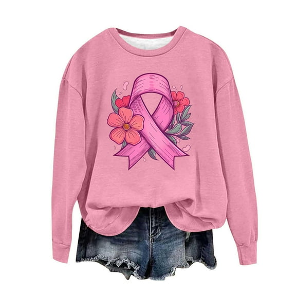 Kilaqueen Breast Cancer Awareness Sweatshirt Women Crewneck Long Sleeve Pink Ribbon Graphic Print Tee Shirts Plus Size Casual Loose Fit Inspirational Pullover Tops