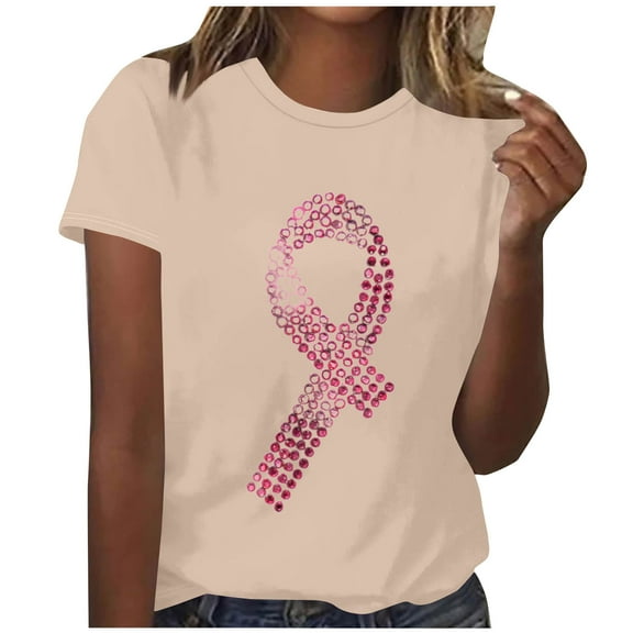 Kilaqueen Breast Cancer Shirts for Women Casual Short Sleeve Pink Ribbon Printed Awareness Tops Survivor Faith Inspirational Tee